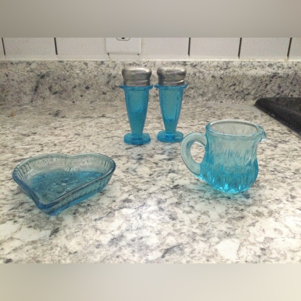 Blue Salt & Pepper Shaker, Toothpick holder and heart dish
